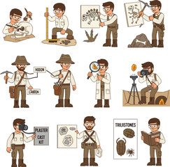 Paleontologist character collection with dinosaur fossils and tools © Ferryarmando