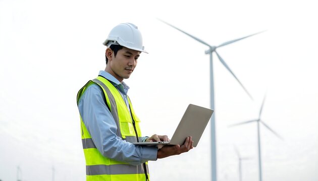 An Asian engineer in a helmet and safety vest uses a laptop in front of wind turbines, studying renewable energy