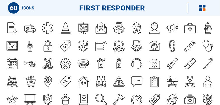 First responder training line icon set. Vector pictograms of emergency, paramedic, firefighter, and police elements, thin linear illustration.
