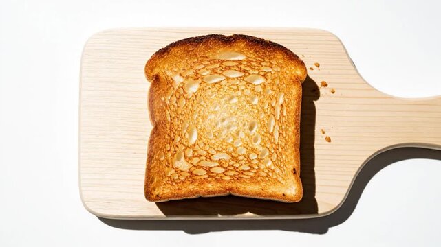 Crispy golden toast slice on a wooden cutting board with a handle against a white background.