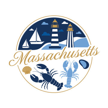 Massachusetts Coastal Logo with Iconic Lighthouses, Sailboats, Lobsters, and Shells. New England Maritime Travel & Culture Symbol