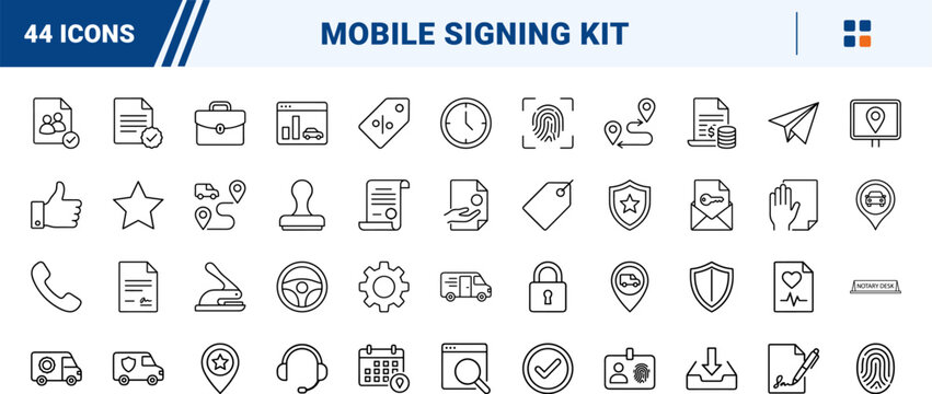 Mobile notary service line icon set. Vector pictograms of public, signing, agent, and loan elements, thin linear illustration.