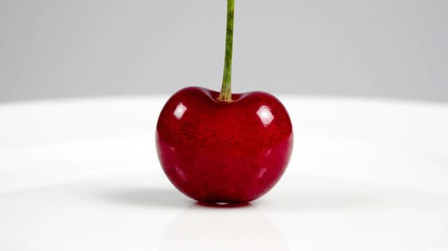 Single glossy red cherry on white plate, stem upright, close-up, studio shot with bright lighting and reflection.