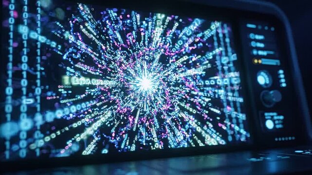 Colorful swirling digital vortex animation with binary code elements displayed on a futuristic device screen in a dark environment, showcasing dynamic visual progression