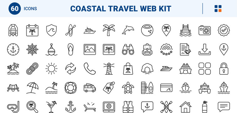 Island hopping tours kit line icon set. Vector pictograms of tour, boat, travel, and tropical elements, thin linear illustration.