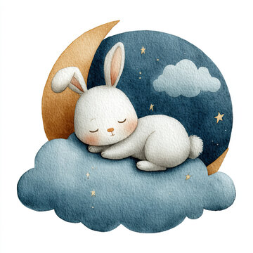 Cute bunny rabbit sleep sleeping on a pastel blue cloud, animal character dreaming dream at night with yellow moon stars. Sweet baby nursery art print drawing illustration, scandi boho poster