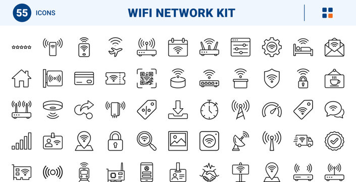 Wireless network wifi available art line icon set. Vector pictograms of hotspot, internet, signal, and router elements, thin linear illustration.