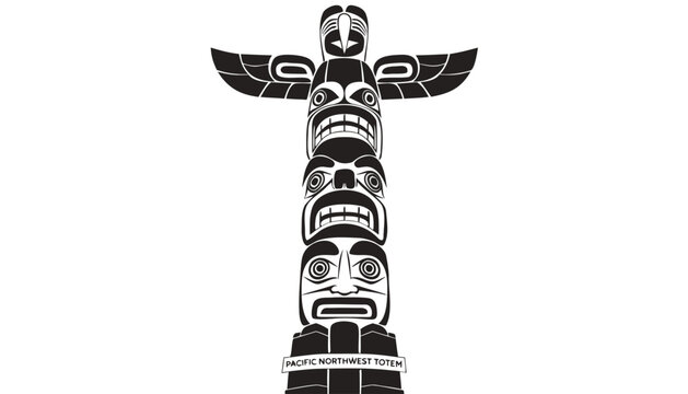 Very beautiful realistic vector illustration of a TOTEM POLE featuring a bold heritage label reading "PACIFIC NORTHWEST TOTEM", intricately carved wooden totem with stylized eagle, bear, wolf, and rav
