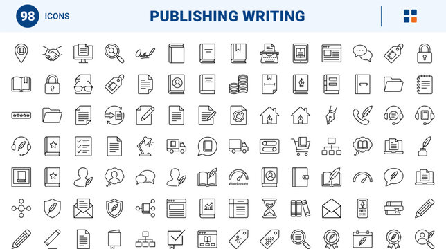 Publishing line icon set. Vector pictograms of writing, editing, literature, and manuscript elements, thin linear illustration.