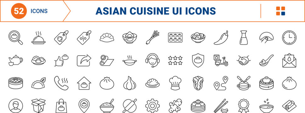 Dumpling house website line icon set. Vector pictograms of dim, sum, potsticker, and gyoza elements, thin linear illustration.
