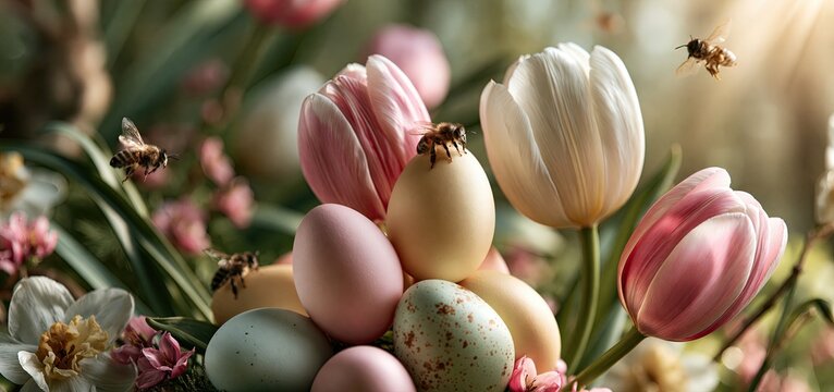Spring eggs resting amid vibrant tulips with bees buzzing in warm sunlight, evoking a joyful Easter atmosphere.
