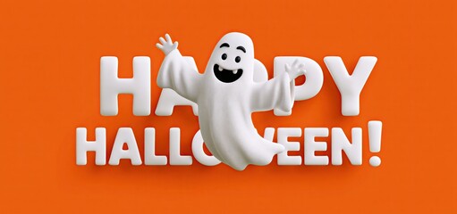 Fototapeta premium Playful Halloween lettering with a friendly cartoon ghost on a vibrant orange background.