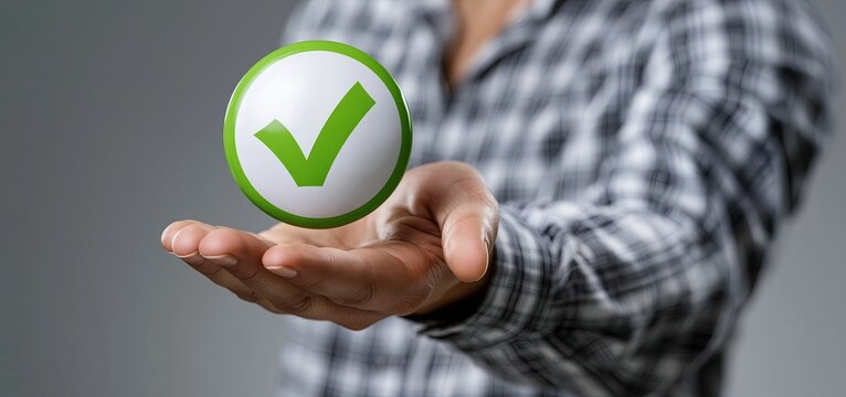 Radiant certification emblem with a bold green checkmark held in hand representing verified product quality.