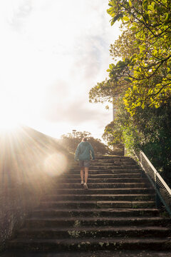 Rear view of woman walking up stairs into bright afternoon sunlight