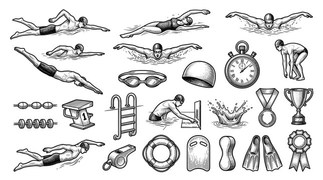 Swimming Athlete silhouette icon set, flat black glyph style, pure white background