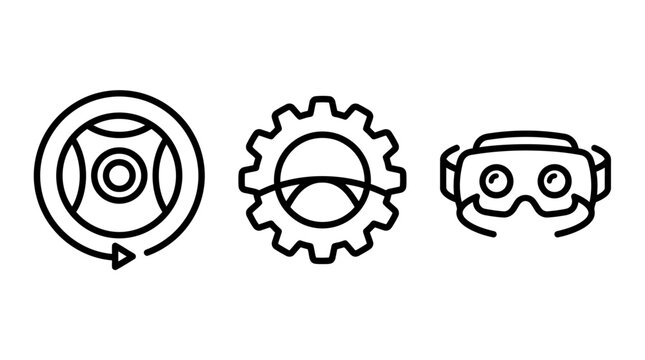 Set of modern technology icons featuring camera gear mechanism and virtual reality headset technology development innovation engineering gearwheel mechanism software hardware interface