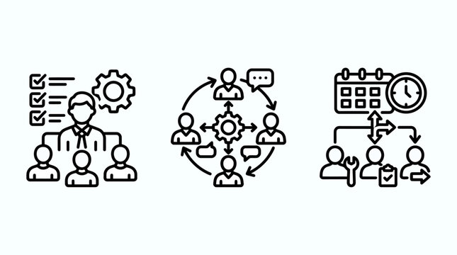 Business administration and team management icons depicting task management collaborative discussion scheduling planning with management business planning scheduling collaboration leadership