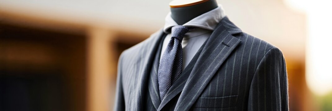 Panoramic wide view of pinstripe suit on mannequin for boutique website banner and fashion header background