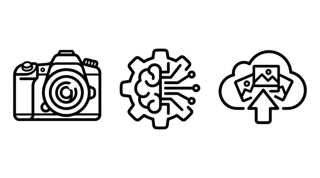 Digital photography processing and cloud upload icon set with photography processing technology software innovation intelligent internet automation transfer advanced workflow production