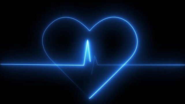 Glowing neon blue heart shape with ECG heartbeat pulse line animation