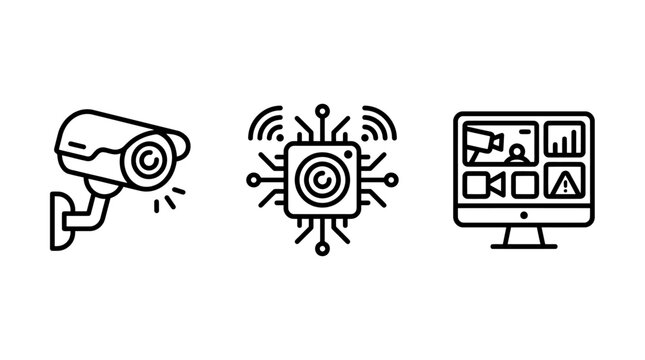 Security camera surveillance and data monitoring system icons with security surveillance monitoring processor wireless computer analysis technology intelligent dashboard software automation