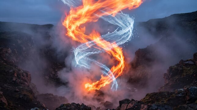 Dynamic fire and water swirl in misty mountain landscape at dusk with elemental
