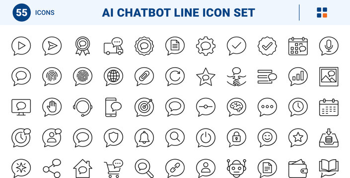Chatbot assistant line icon set. Vector pictograms of virtual, customer, support, and chat elements, thin linear illustration.
