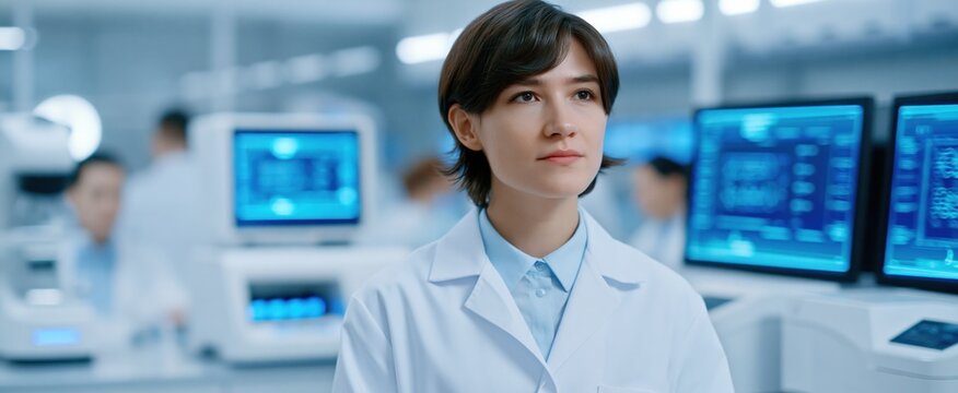Scientist analyzing genetic data on holographic screens in a futuristic biotech lab with advanced DNA sequencing technology.