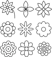 Obraz premium Collection of simple flower line art vector icons. Minimalist floral shapes representing nature, spring, summer, ecology, beauty, and gardening concepts.