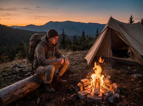 Man sitting by a campfire in the mountains at dusk with a tent nearby.