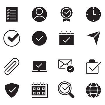 Minimalist business icons set, 16 black solid vector symbols, professional office productivity and task management graphics for web UI