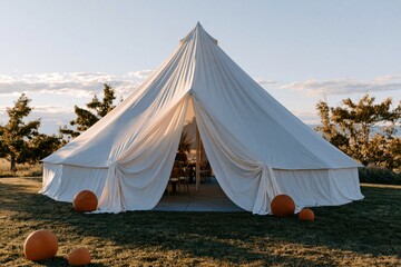 Naklejka premium Large white bell tent with draped entrances for outdoor wedding or event background and boho reception setup with warm golden light for poster or wallpaper