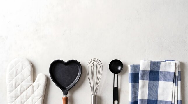 Flat lay of kitchen utensils and baking tools on a white surface.