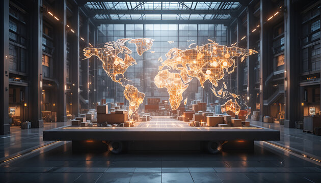 Glowing world map hologram in modern office. Digital global business data visualization.