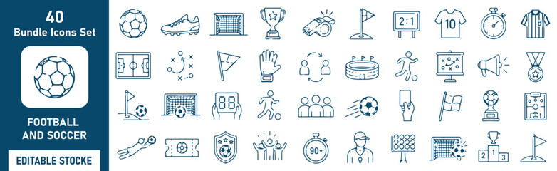 Football and Soccer Vector Outline Icons Set – Sports, Match, Stadium and Championship Line Symbols Collection © Bely