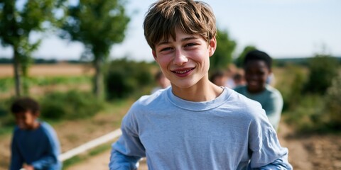 Naklejka premium Smiling adolescent leading a tug of war on a rural trail outdoors for background and poster design highlighting friendship and team activity