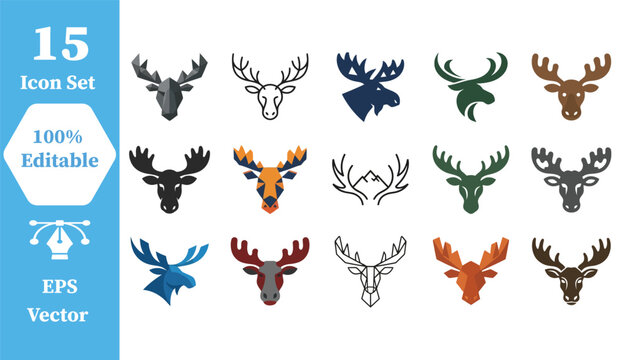 Set of fifteen moose and deer head icons in various styles with wildlife