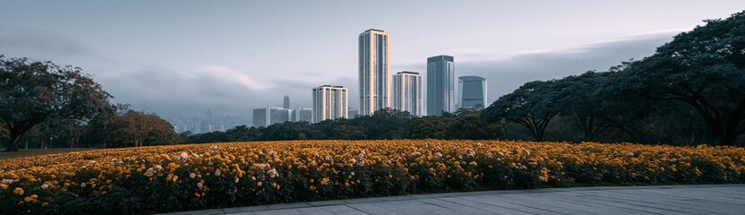 Fototapeta premium Modern city skyline with wide yellow flowerbed in front for background poster and urban landscape wallpaper