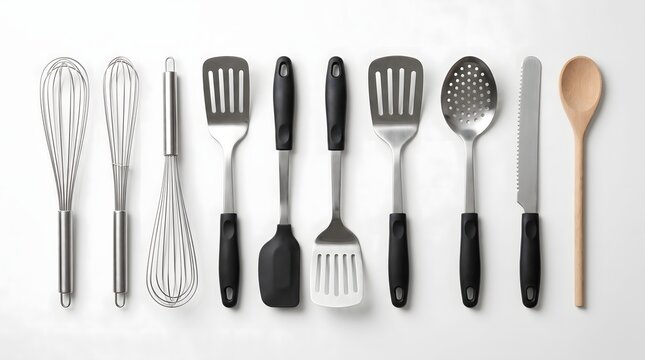 Set of various kitchen utensils arranged in a row on a white background.