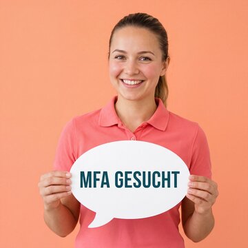 Junge l&auml;chelnde Frau im korallfarbenen Poloshirt h&auml;lt Sprechblasen-Schild mit MFA GESUCHT vor korallrotem Hintergrund