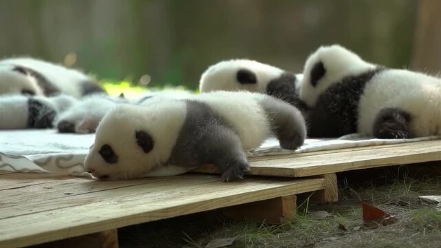 Adorable baby pandas resting together on a wooden platform outdoors