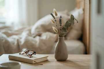 Fototapeta premium Vase with dried flowers and lego bird on a wooden table illustration