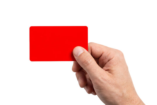 Person holding horizontal red card, illustrating penalty or reprimand in sport, signifying rule breaking and disciplinary action, important warning gesture, graphic symbol.