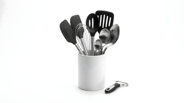 Set of various kitchen utensils stored in a white ceramic container on a white background.