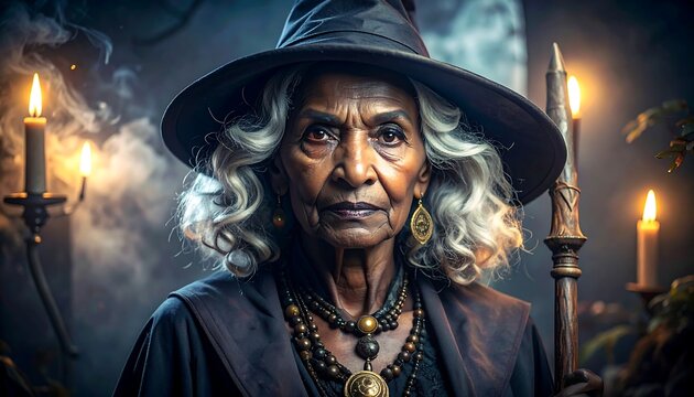 An elderly woman witch with gray curly hair, wearing a hat, dark clothes, necklaces, and standing in a mystical forest