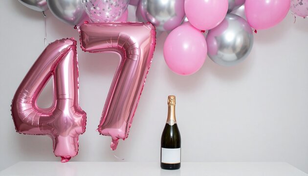Pink Number 47 Balloon with Champagne Bottle Celebration Setup