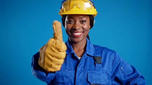 Confident female construction worker in blue overalls and yellow hard hat on blue background