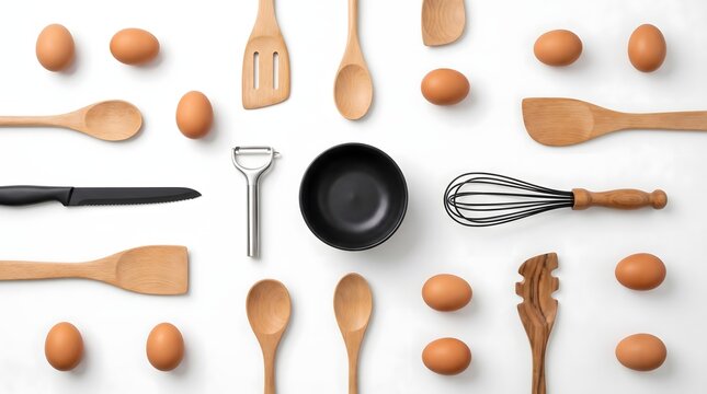 Top view of kitchen utensils and raw eggs arranged on a white background.