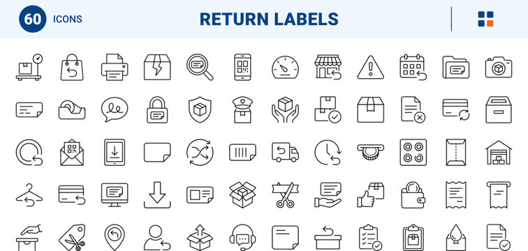 Ecommerce return label line icon set. Vector pictograms of reverse, logistics, refund, and shipping elements, thin linear illustration.