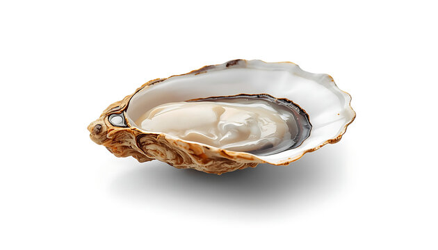 A fresh opened oyster on the half shell isolated on white background. Perfect for seafood restaurant menu.